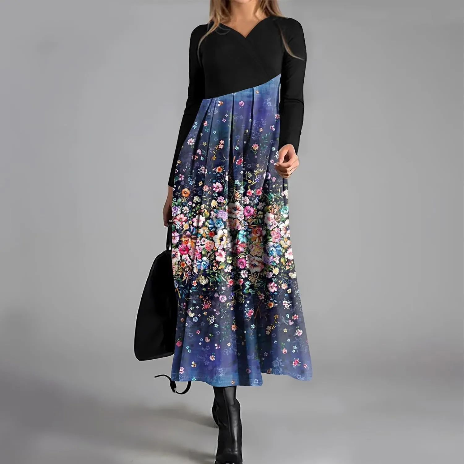 Spring Dresses for Women 2025 Midi Long Sleeve V Neck Tea Length Vacation Work Flowy Office Fashion Dress