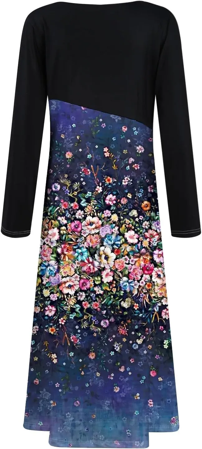 Spring Dresses for Women 2025 Midi Long Sleeve V Neck Tea Length Vacation Work Flowy Office Fashion Dress