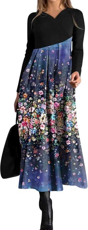 Spring Dresses for Women 2025 Midi Long Sleeve V Neck Tea Length Vacation Work Flowy Office Fashion Dress