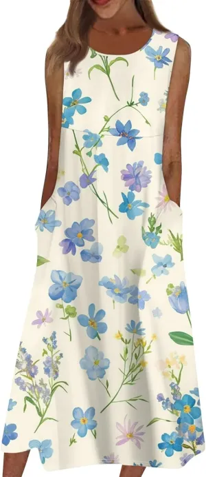 Strapless Dress for Women Summer Stylish Travel Crewneck Floral Dresses with Pockets Floral Party Summer Outfits
