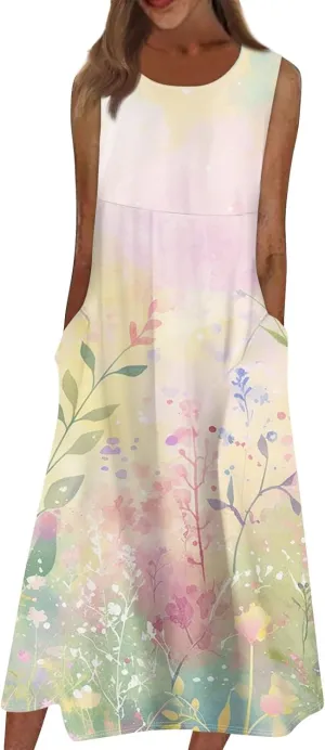 Strapless Dress for Women Summer Stylish Travel Crewneck Floral Dresses with Pockets Floral Party Summer Outfits