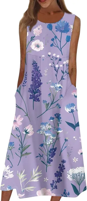 Strapless Dress for Women Summer Stylish Travel Crewneck Floral Dresses with Pockets Floral Party Summer Outfits