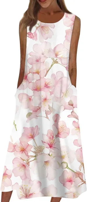 Strapless Dress for Women Summer Stylish Travel Crewneck Floral Dresses with Pockets Floral Party Summer Outfits