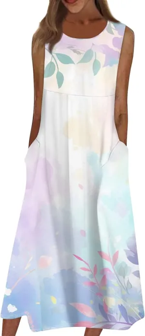 Strapless Dress for Women Summer Stylish Travel Crewneck Floral Dresses with Pockets Floral Party Summer Outfits