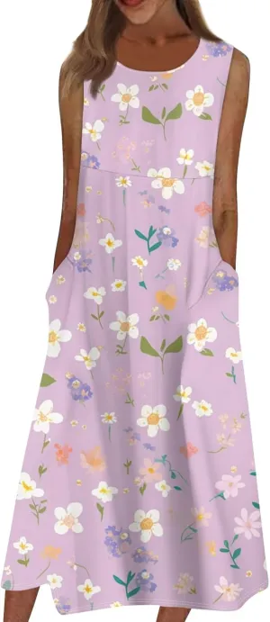 Strapless Dress for Women Summer Stylish Travel Crewneck Floral Dresses with Pockets Floral Party Summer Outfits