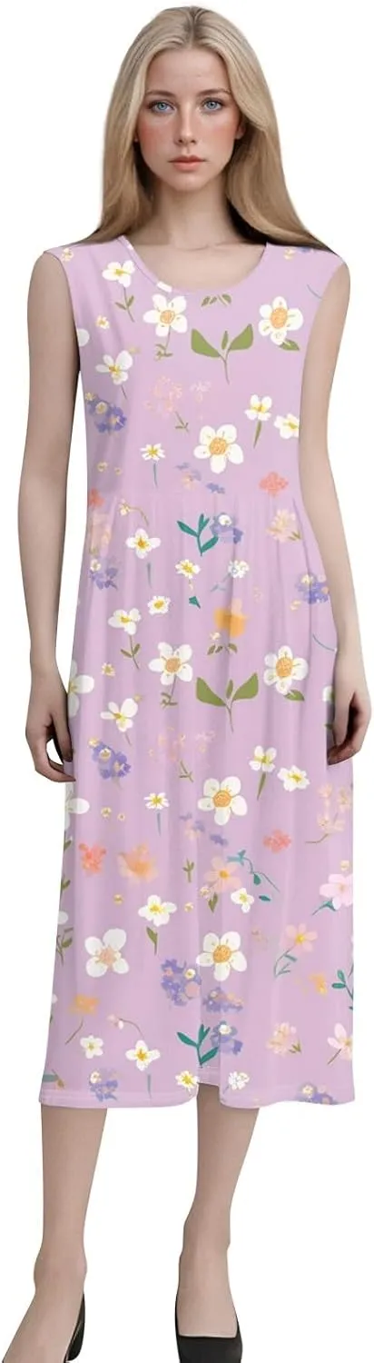 Strapless Dress for Women Summer Stylish Travel Crewneck Floral Dresses with Pockets Floral Party Summer Outfits