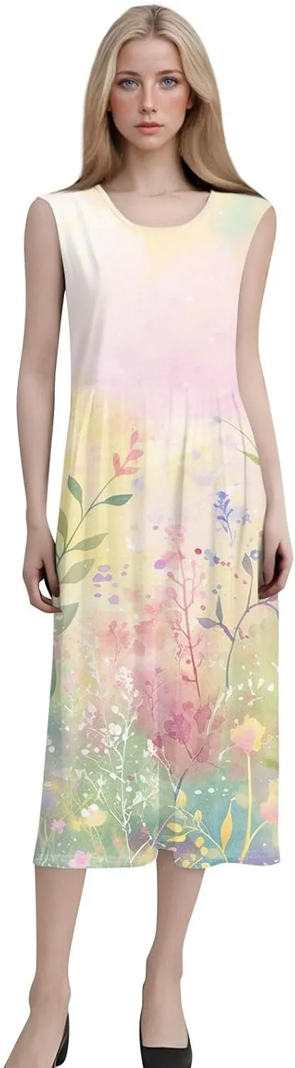 Strapless Dress for Women Summer Stylish Travel Crewneck Floral Dresses with Pockets Floral Party Summer Outfits
