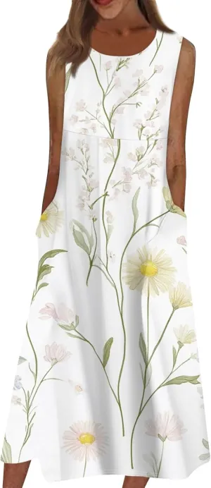 Strapless Floral Dress for Women Midi Travel Strapless Floral Dresses with Pockets Vintage Going Out Easter Outfit