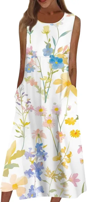 Strapless Floral Dress for Women Midi Travel Strapless Floral Dresses with Pockets Vintage Going Out Easter Outfit