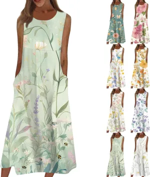 Strapless Floral Dress for Women Midi Travel Strapless Floral Dresses with Pockets Vintage Going Out Easter Outfit