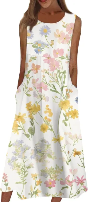 Strapless Floral Dress for Women Midi Travel Strapless Floral Dresses with Pockets Vintage Going Out Easter Outfit