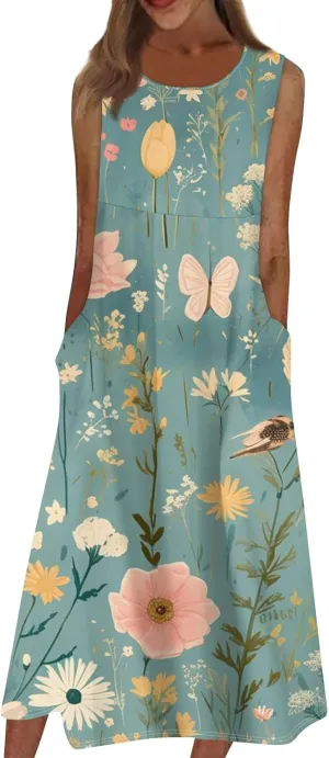 Strapless Floral Dress for Women Midi Travel Strapless Floral Dresses with Pockets Vintage Going Out Easter Outfit