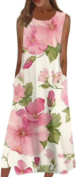 Strapless Floral Dress for Women Midi Travel Strapless Floral Dresses with Pockets Vintage Going Out Easter Outfit
