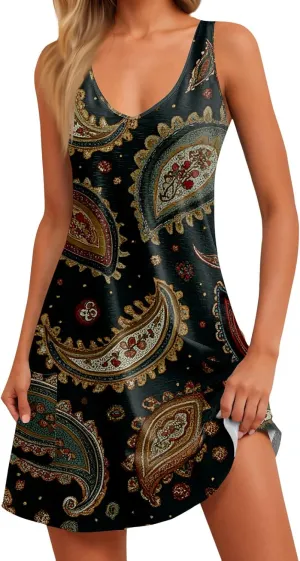 Summer Dresses for Women 2025 Casual Bohemian Vacation Printed Tank Top with Pocket Dress Casual Dresses