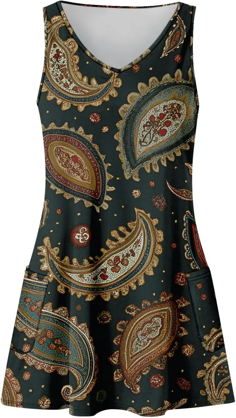 Summer Dresses for Women 2025 Casual Bohemian Vacation Printed Tank Top with Pocket Dress Casual Dresses