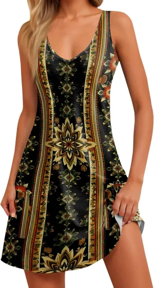 Summer Dresses for Women 2025 Casual Bohemian Vacation Printed Tank Top with Pocket Dress Casual Dresses