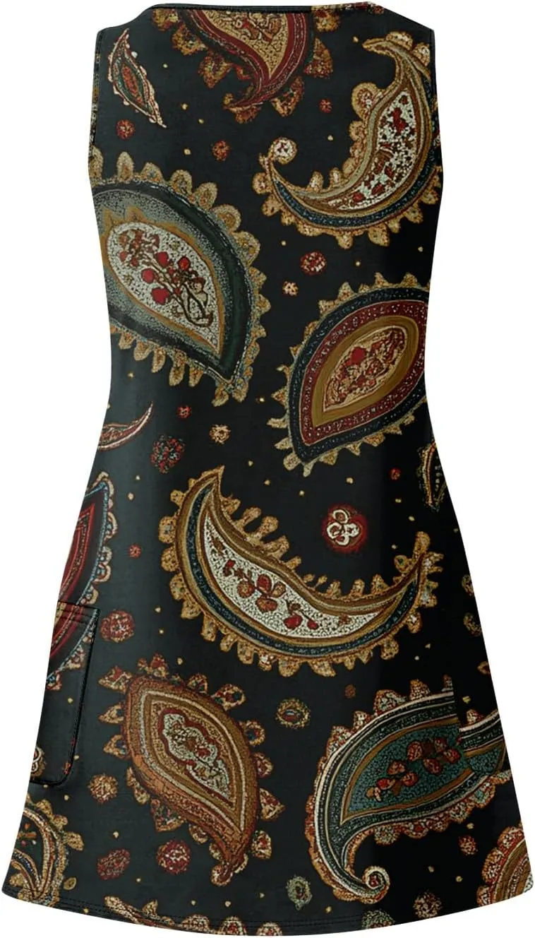Summer Dresses for Women 2025 Casual Bohemian Vacation Printed Tank Top with Pocket Dress Casual Dresses