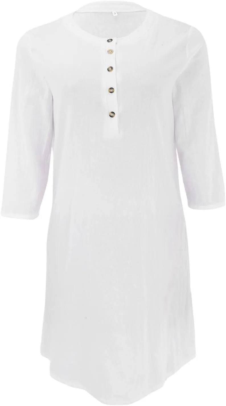 Summer Dresses for Women 2025 Casual Button Crewneck Midi Sundress Half Sleeve Casual Shift Work Dress Resort Wear 1