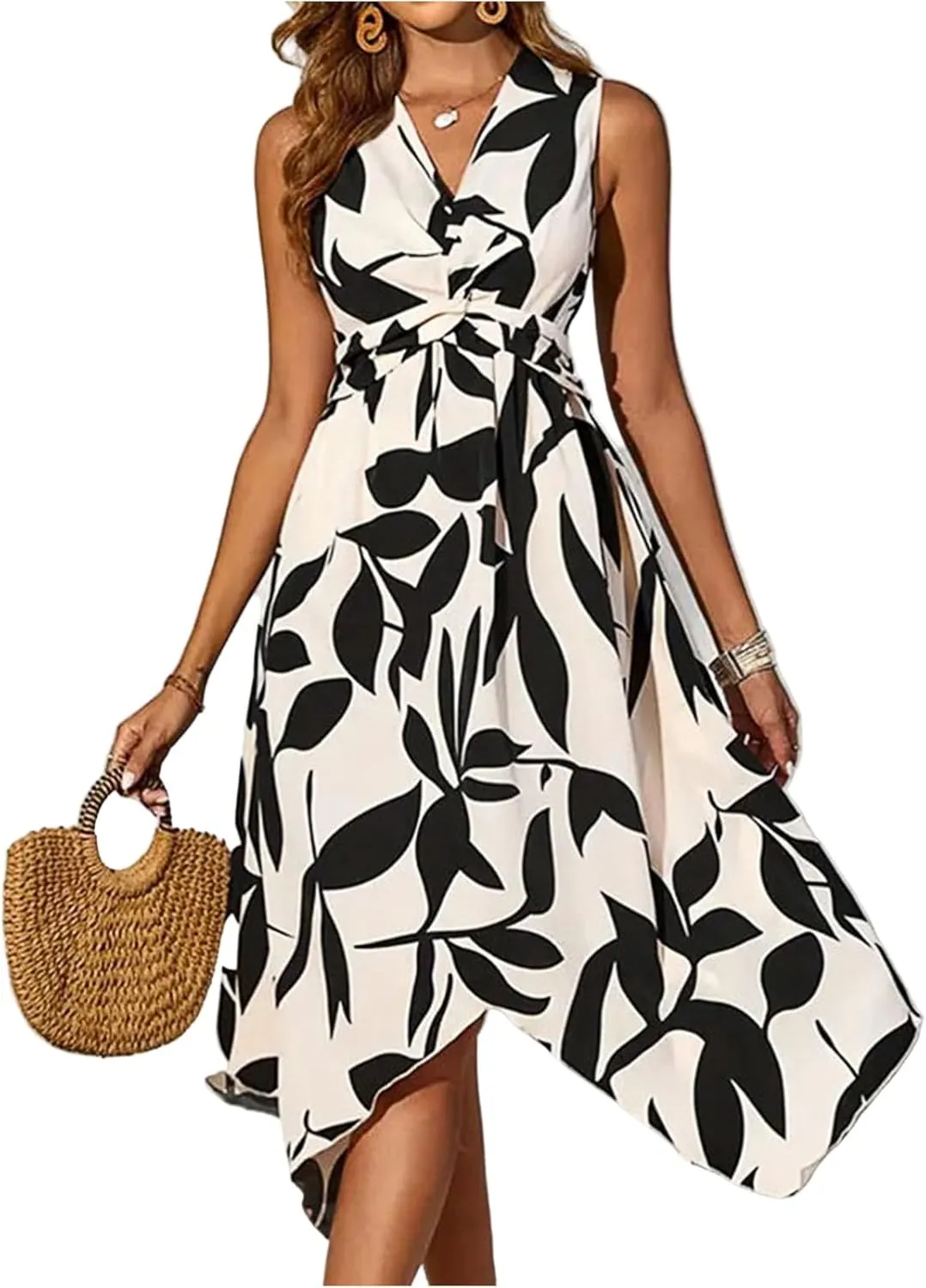 Summer Dresses for Women 2025 Floral Handkerchief Hem Midi Dresses Casual Flowy V Neck Tshirt Dress A Line Tank Dress