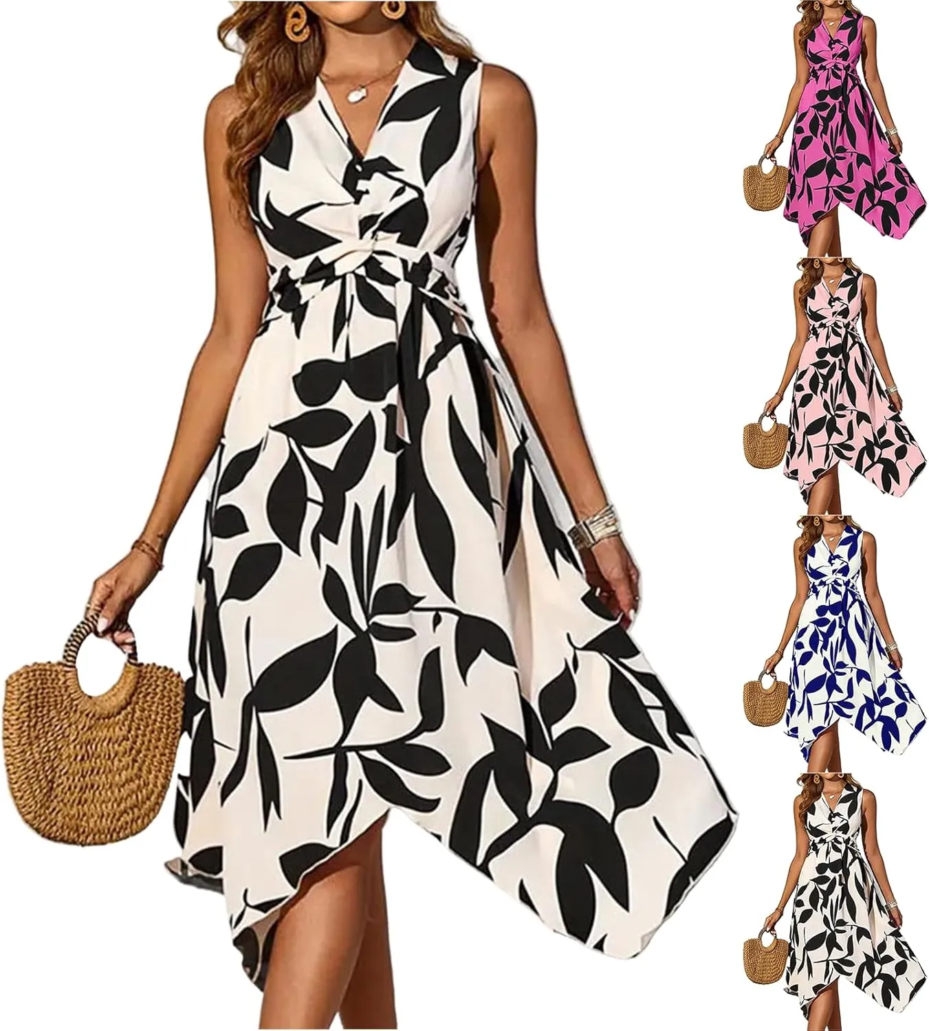 Summer Dresses for Women 2025 Floral Handkerchief Hem Midi Dresses Casual Flowy V Neck Tshirt Dress A Line Tank Dress
