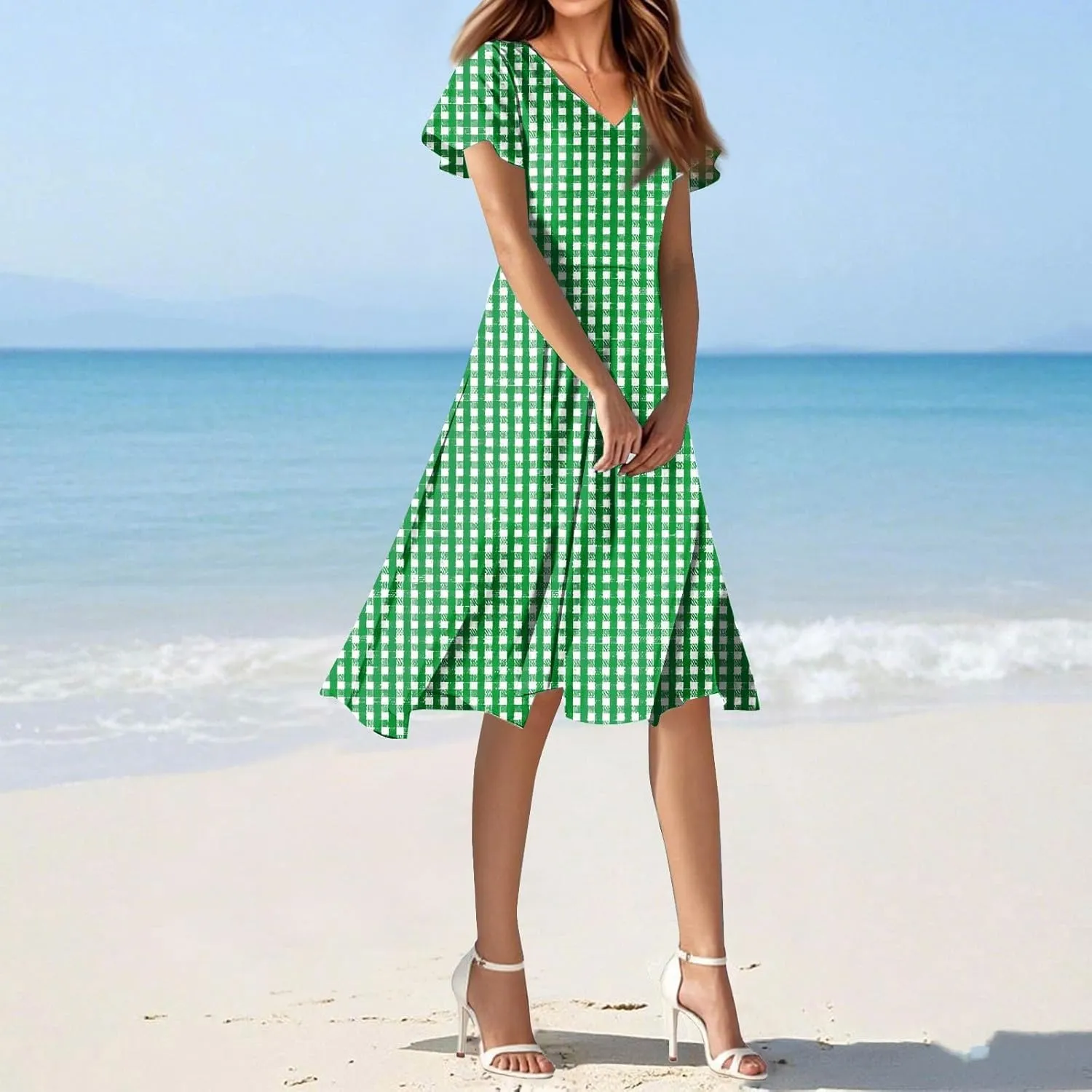 Summer Dresses for Women 2025 Short Sleeve Casual Floral Mide Dresses V-Neck Floral Beach Vacation Party Dress
