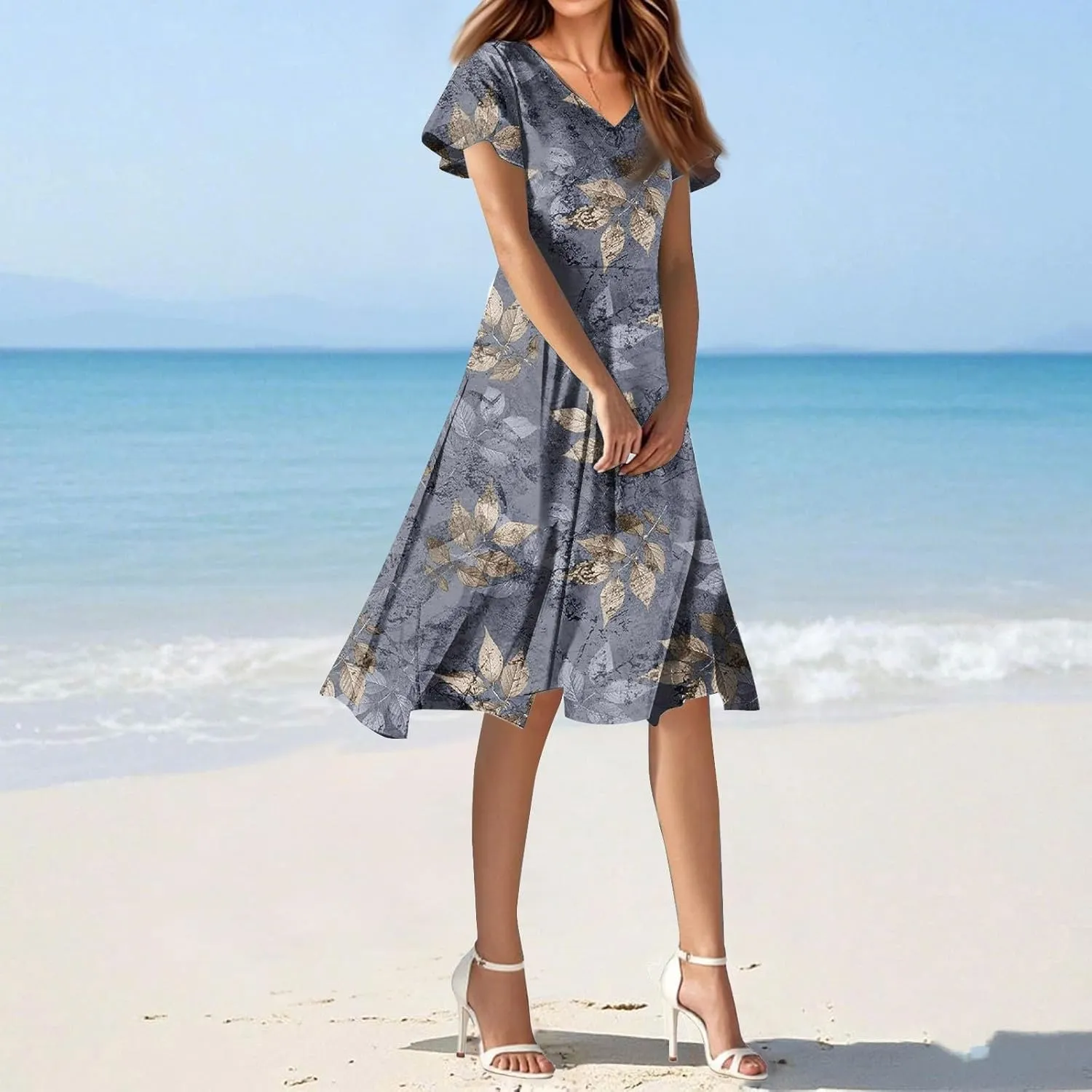 Summer Dresses for Women 2025 Short Sleeve Casual Floral Mide Dresses V-Neck Floral Beach Vacation Party Dress