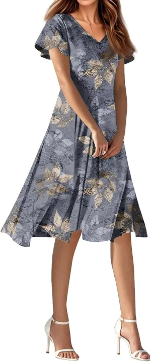 Summer Dresses for Women 2025 Short Sleeve Casual Floral Mide Dresses V-Neck Floral Beach Vacation Party Dress