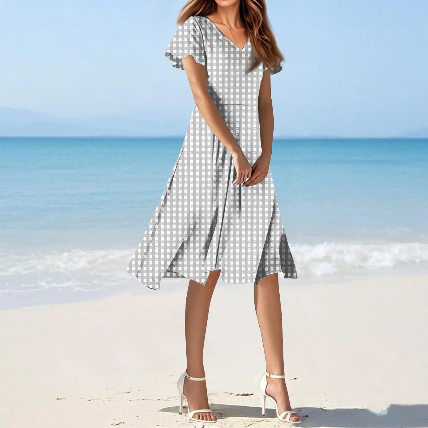 Summer Dresses for Women 2025 Short Sleeve Casual Floral Mide Dresses V-Neck Floral Beach Vacation Party Dress