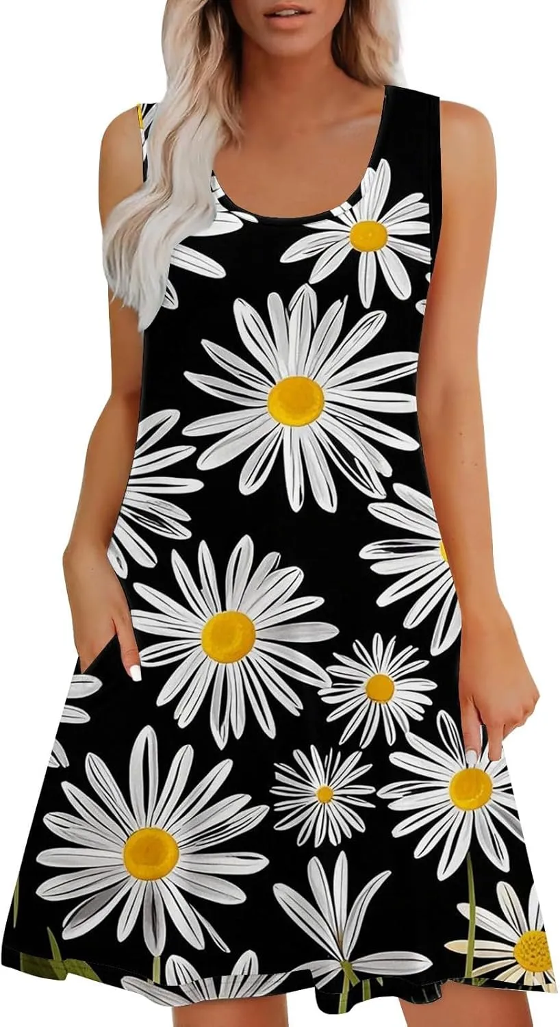 Summer Dresses for Women 2025 Sleeveless Sundresses Beach Casual Dress Casual Loose Sun Dress with Pockets