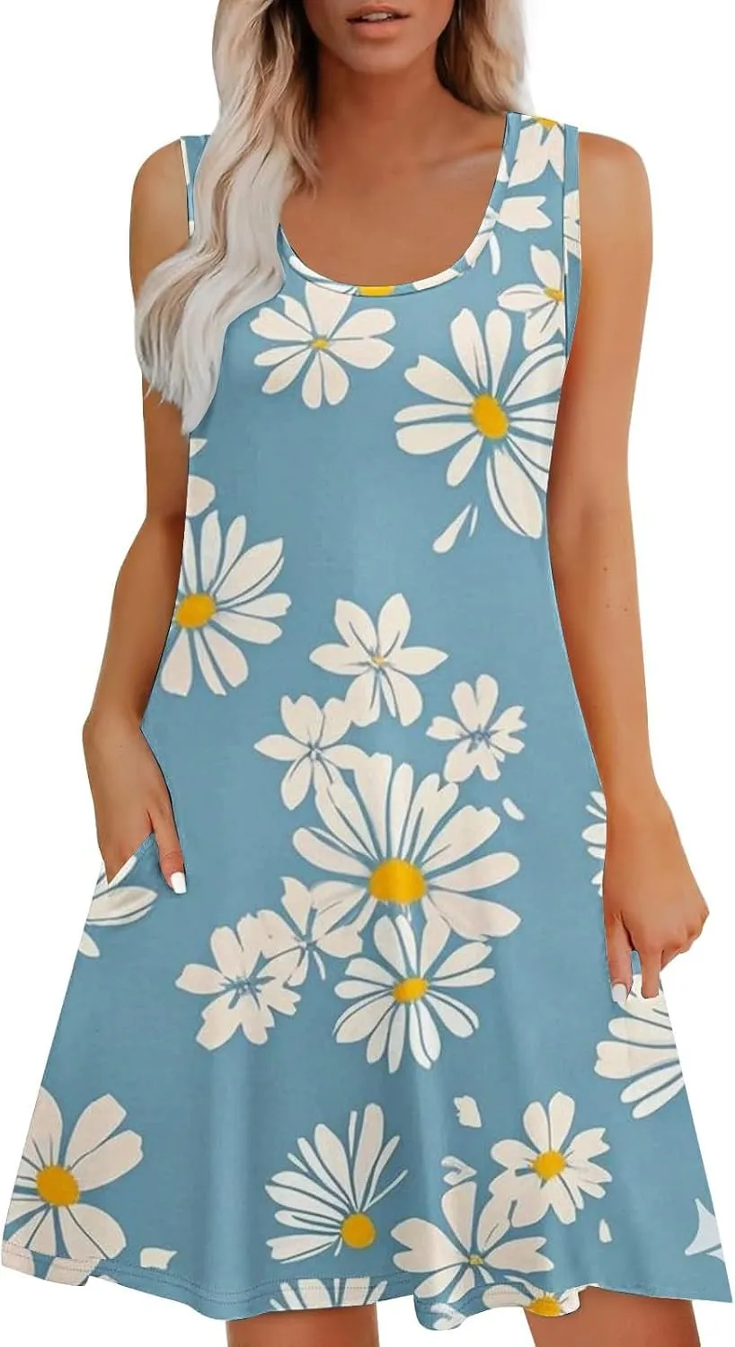 Summer Dresses for Women 2025 Sleeveless Sundresses Beach Casual Dress Casual Loose Sun Dress with Pockets