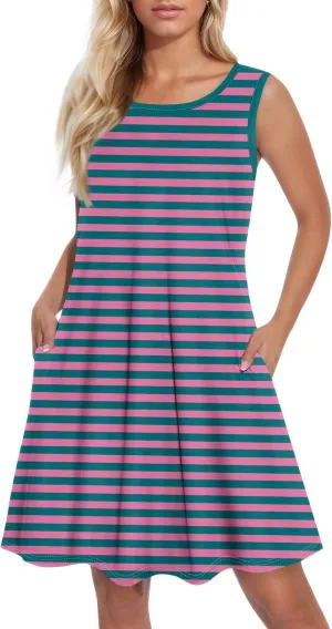 Summer Dresses for Women Sundress Beach Dress Sleeveless Mini Tank Dress Patterned Hawaiian Vest Dresses with Pocket