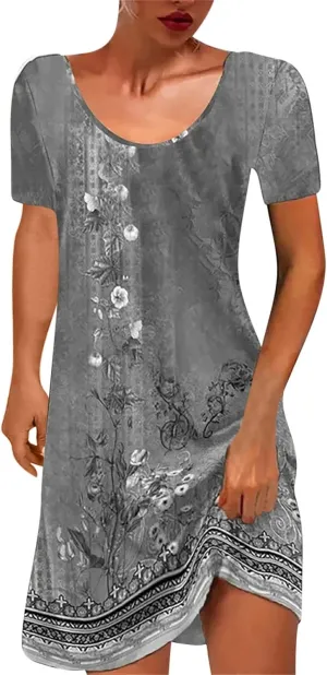 Summer Dresses for Women Vacation 2024 Casual Sloral Short Sleeve Sundresses Casual V Neck Boho Swing Dress