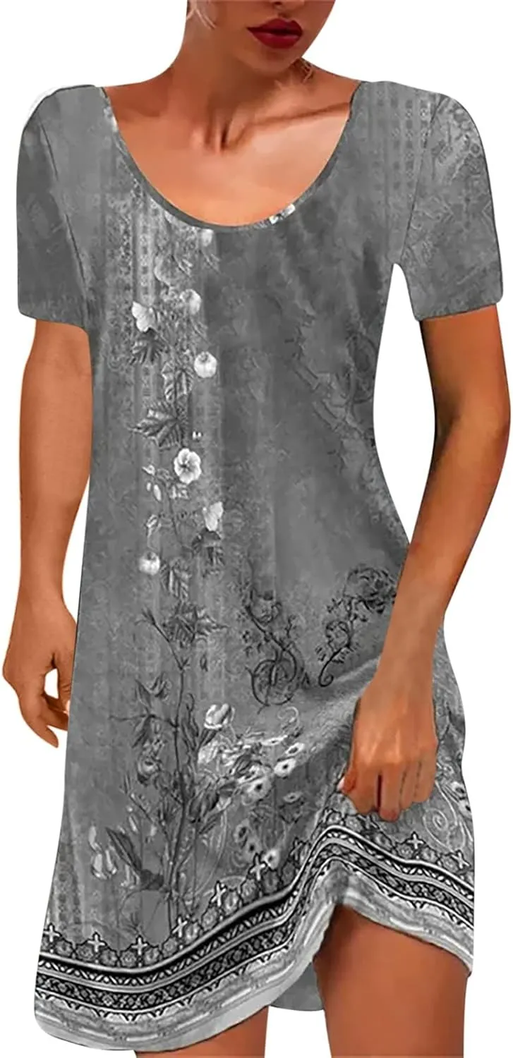 Summer Dresses for Women Vacation 2024 Casual Sloral Short Sleeve Sundresses Casual V Neck Boho Swing Dress