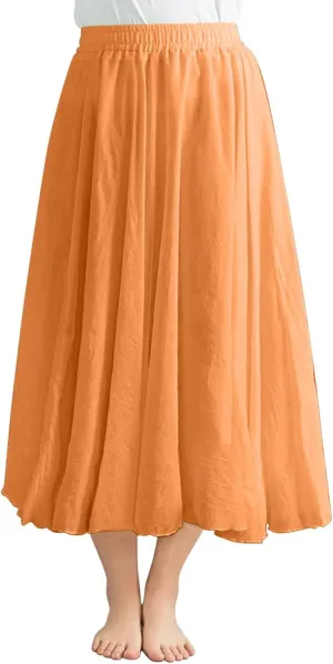 Summer Linen Skirts Solid Color Vintage Elastic Waist Pleated Ankle-Length Bohemian Skirt Casual Fashion Flowy Skort