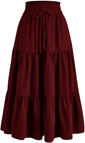 Summer Long Skirts for Women Casual Drawstring High Waist Lightweight Tiered Flowy Pleated Skirts with Pocket