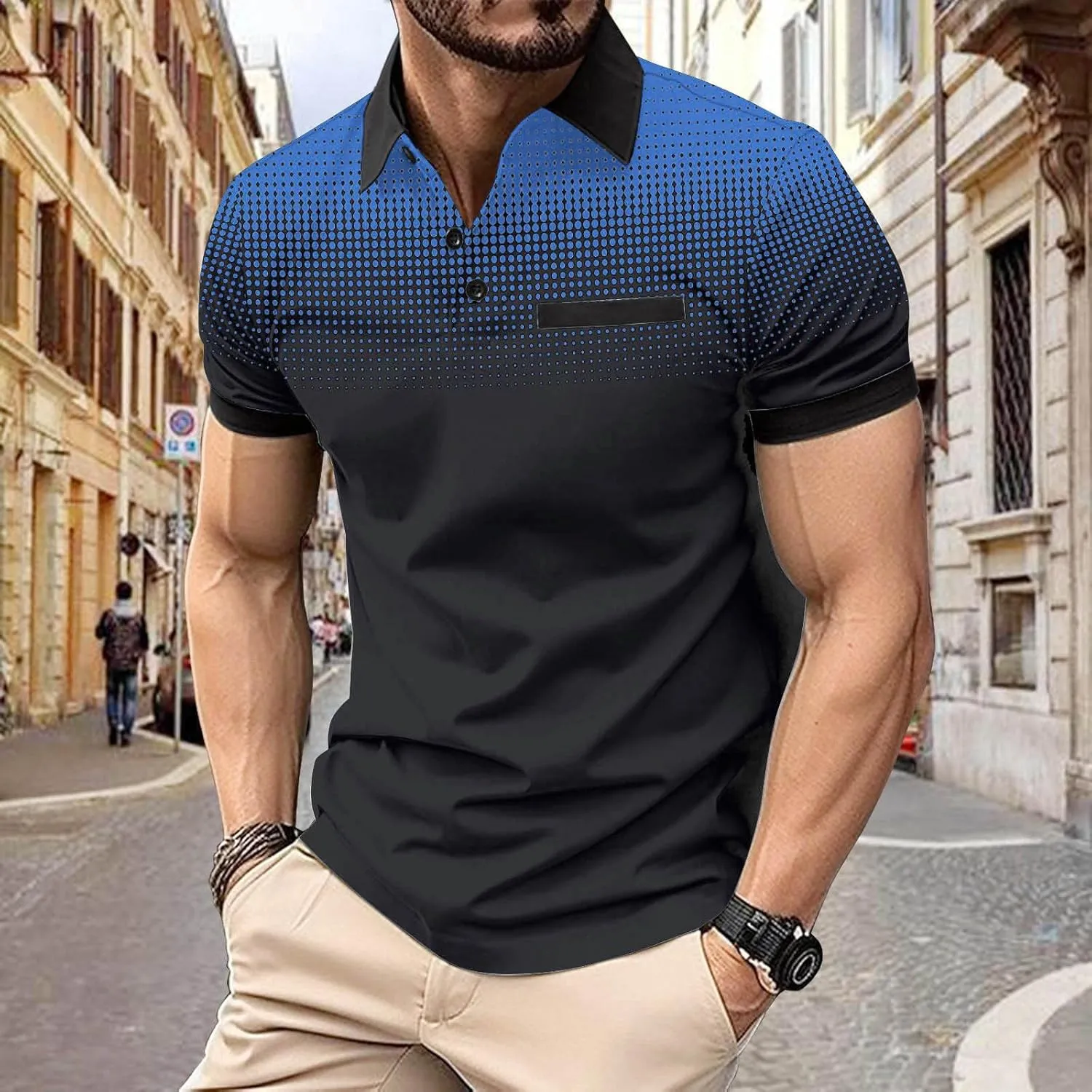 Summer Shirt for Men Casual Loose Fit V-Neck Gradient Color T Shirt Formal Button Up Short Sleeve Tees Loose Pullover