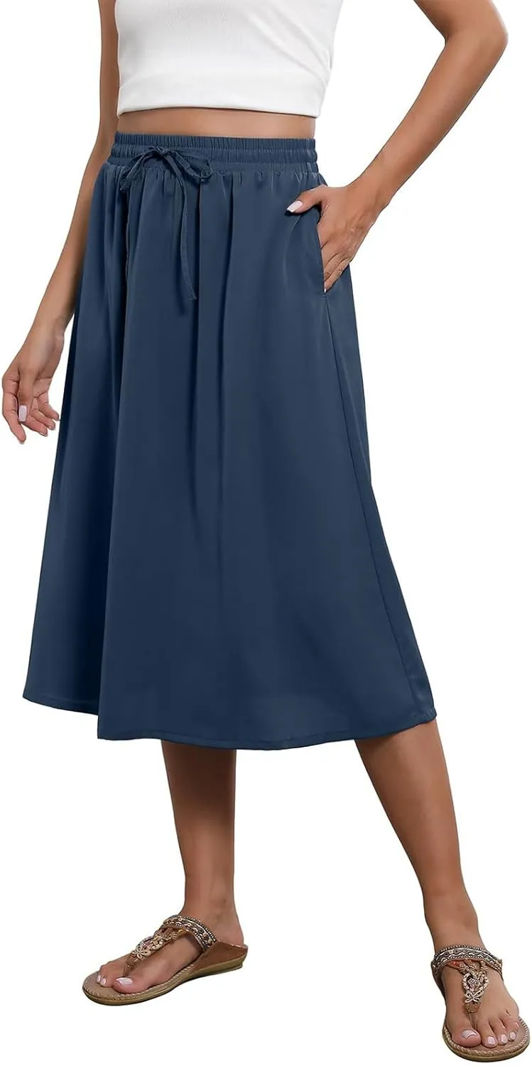 Summer Skirts for Women 2025 Elastic High Waisted Floral Midi Skirt Baggy Boho Beach Flowy Swing Skirts with Pockets