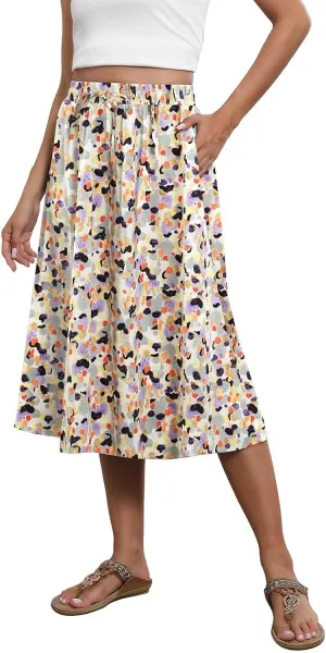 Summer Skirts for Women 2025 Elastic High Waisted Floral Midi Skirt Baggy Boho Beach Flowy Swing Skirts with Pockets