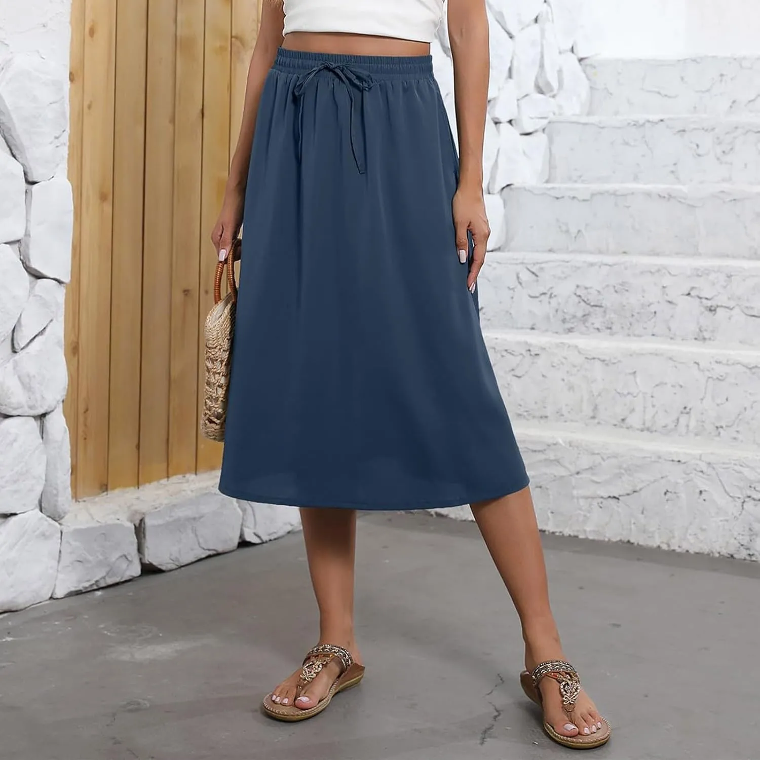 Summer Skirts for Women 2025 Elastic High Waisted Floral Midi Skirt Baggy Boho Beach Flowy Swing Skirts with Pockets