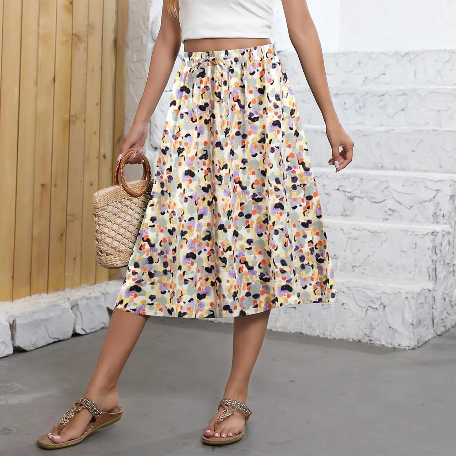 Summer Skirts for Women 2025 Elastic High Waisted Floral Midi Skirt Baggy Boho Beach Flowy Swing Skirts with Pockets