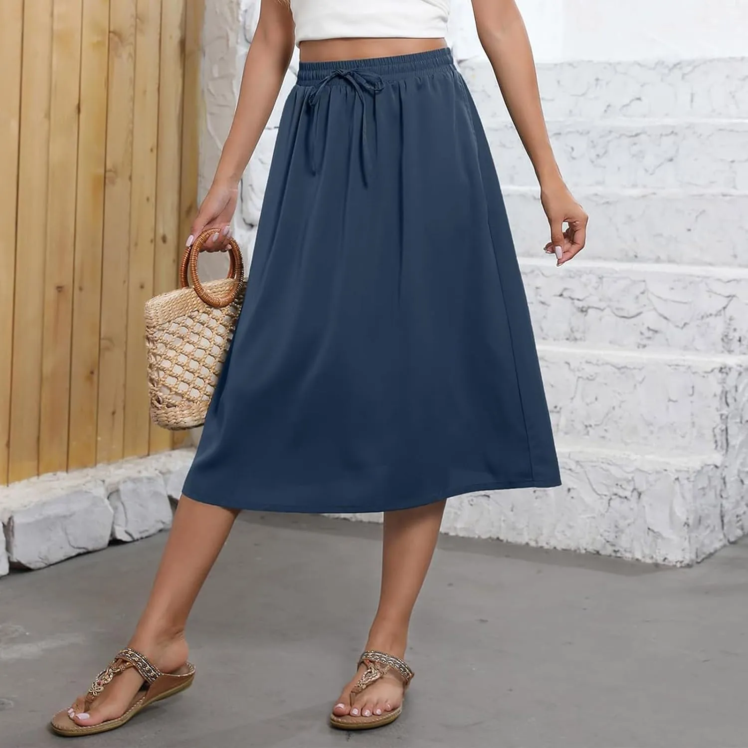 Summer Skirts for Women 2025 Elastic High Waisted Floral Midi Skirt Baggy Boho Beach Flowy Swing Skirts with Pockets