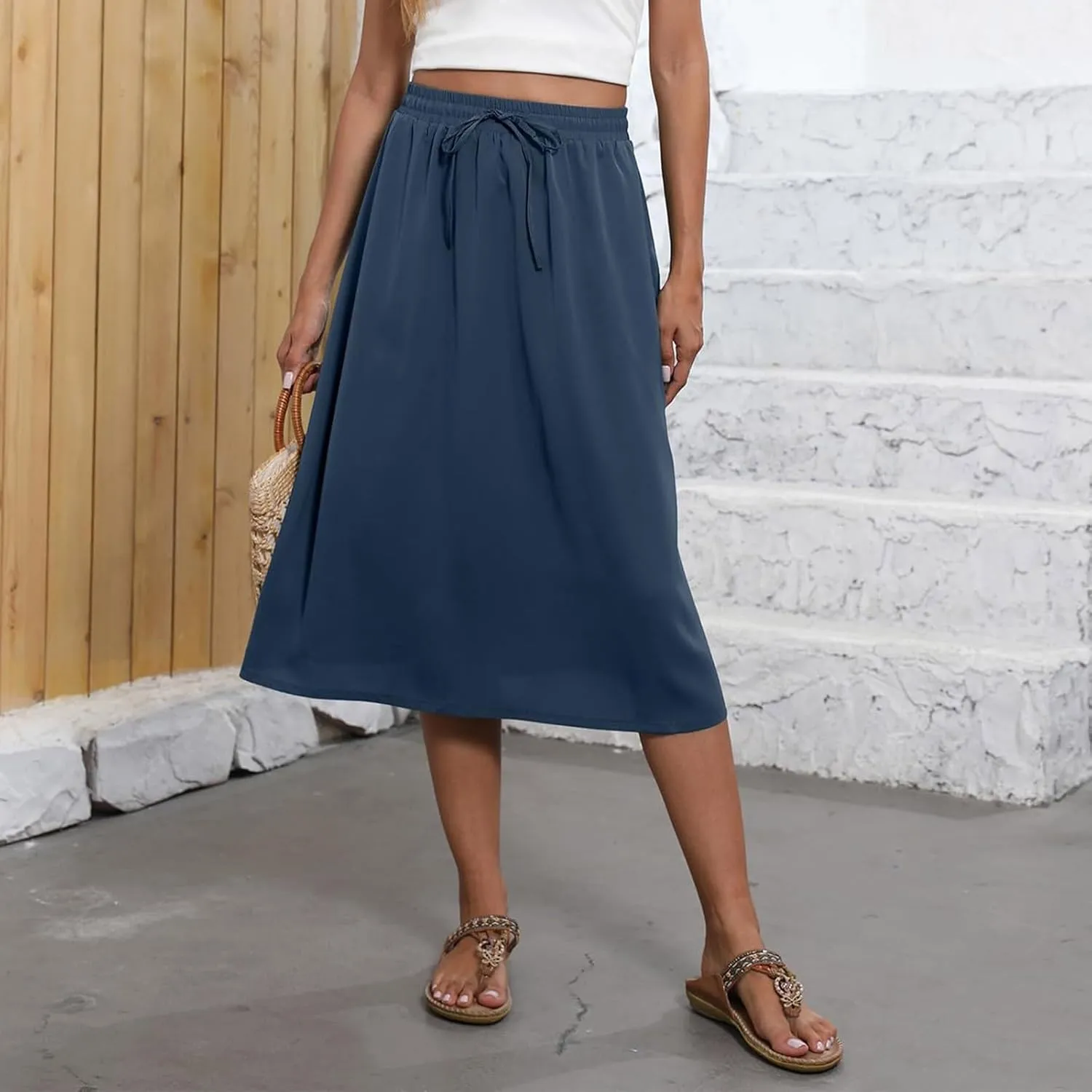 Summer Skirts for Women 2025 Elastic High Waisted Floral Midi Skirt Baggy Boho Beach Flowy Swing Skirts with Pockets