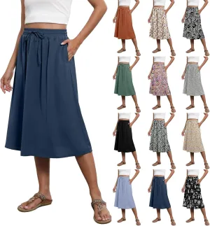 Summer Skirts for Women 2025 Elastic High Waisted Floral Midi Skirt Baggy Boho Beach Flowy Swing Skirts with Pockets