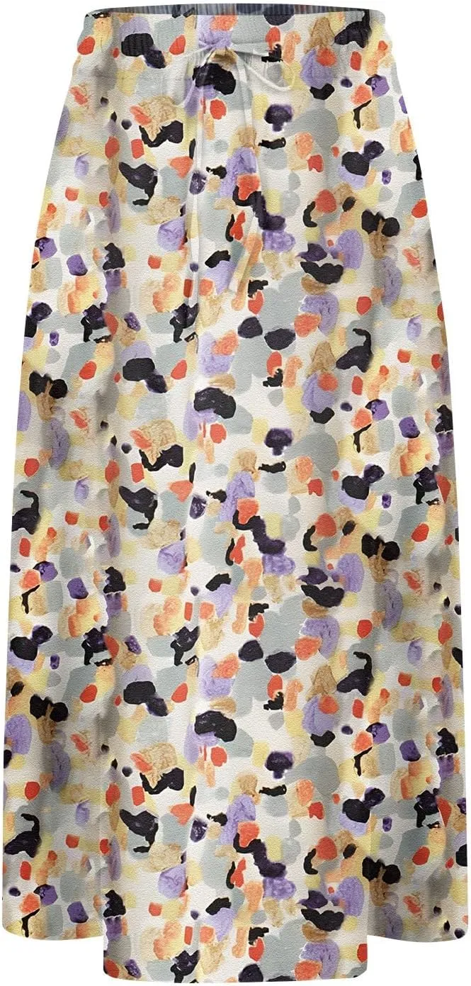 Summer Skirts for Women 2025 Elastic High Waisted Floral Midi Skirt Baggy Boho Beach Flowy Swing Skirts with Pockets