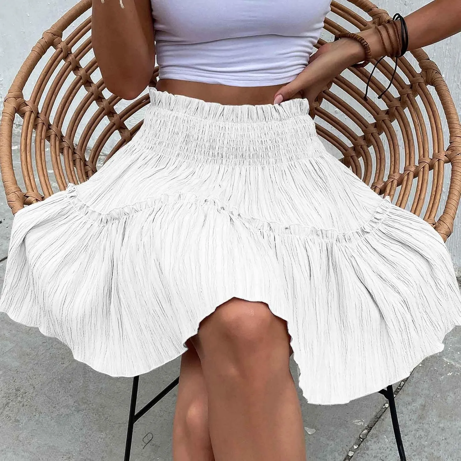 Summer Skirts for Women Flowy Pleated Skirts High Waist Ruffle Skirt Beach Mini Skirts Elastic Waist Vacation Skirts