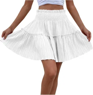Summer Skirts for Women Flowy Pleated Skirts High Waist Ruffle Skirt Beach Mini Skirts Elastic Waist Vacation Skirts
