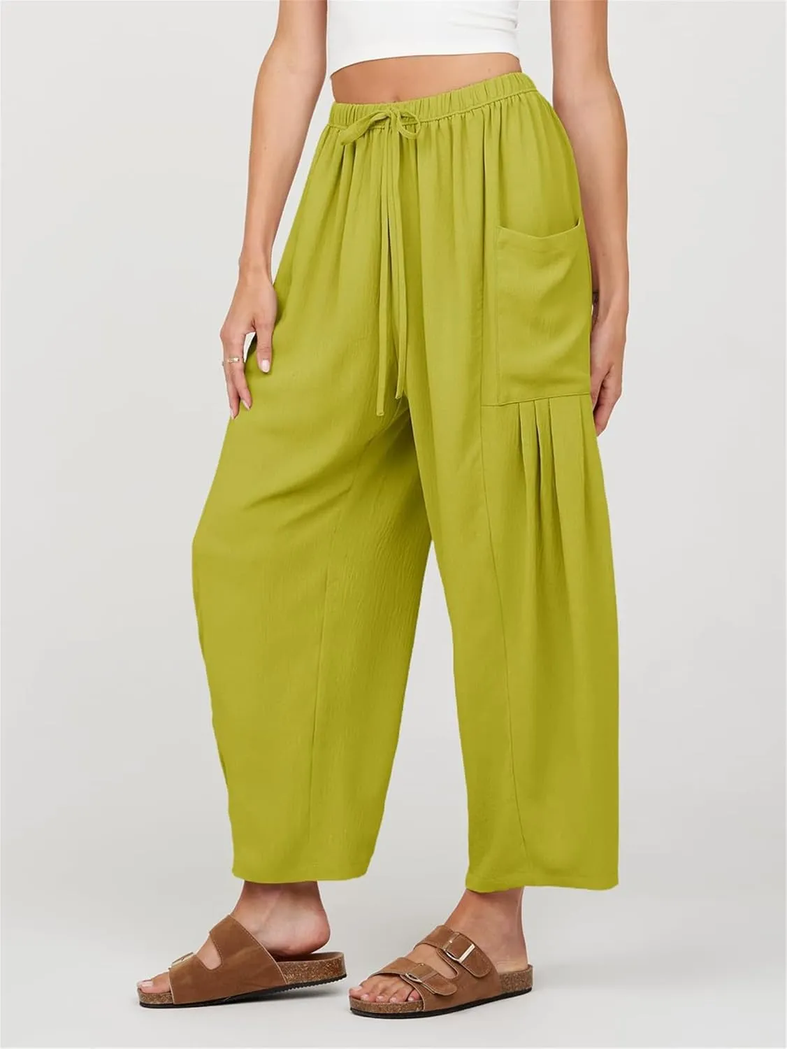 Summer Womens Capri Pants Loose Boho Wide Leg Cropped Pants Casual High Waist Drawstring Palazzo Pant with Pockets
