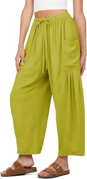 Summer Womens Capri Pants Loose Boho Wide Leg Cropped Pants Casual High Waist Drawstring Palazzo Pant with Pockets