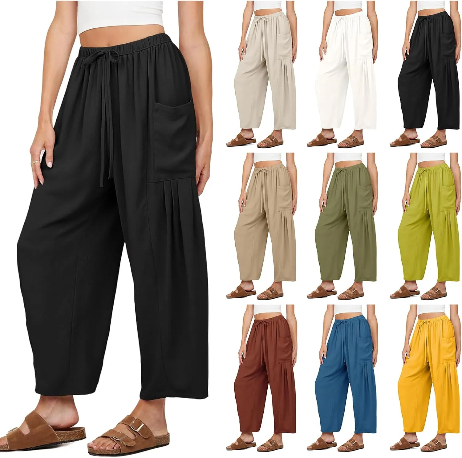Summer Womens Capri Pants Loose Boho Wide Leg Cropped Pants Casual High Waist Drawstring Palazzo Pant with Pockets