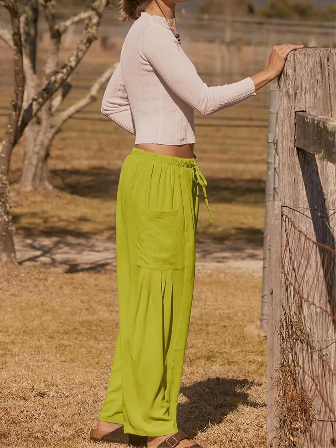 Summer Womens Capri Pants Loose Boho Wide Leg Cropped Pants Casual High Waist Drawstring Palazzo Pant with Pockets